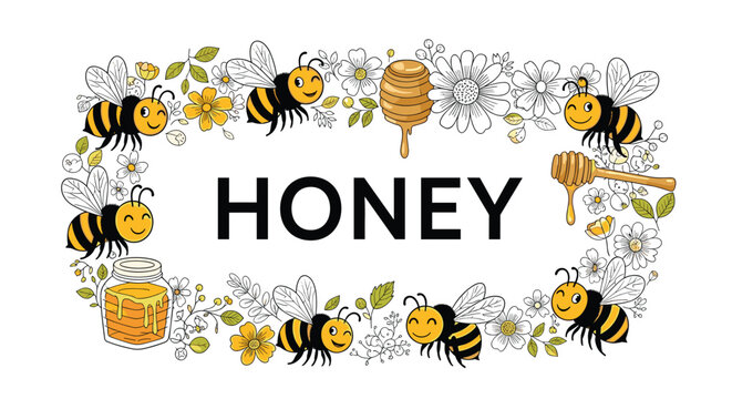 Honey banner design with sweet bees flying among flowers, jars of honey, and honey dippers in a playful hand drawn style.