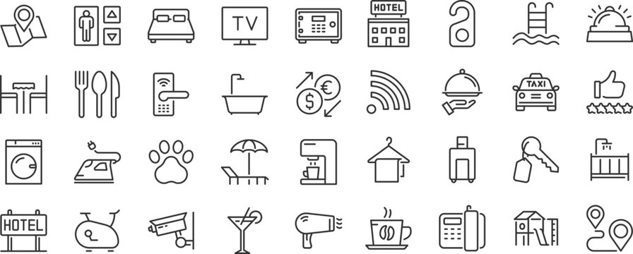 Hotel and apartment web icons. Rental, reservation, hotel booking, room, parking, travel, service, airport, collection. Editable stroke. Vector
