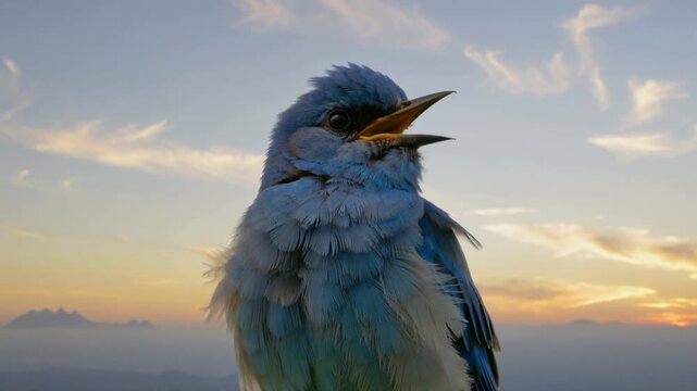 Bird Singing at Sunset with Mountain Range in Background