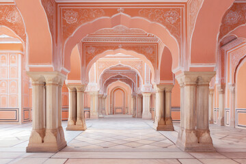 Obraz premium Grand palace courtyard in jaipur with symmetrical arches, pastel pink walls and marble floors, elegant heritage atmosphere, soft natural daylight concept with copy space