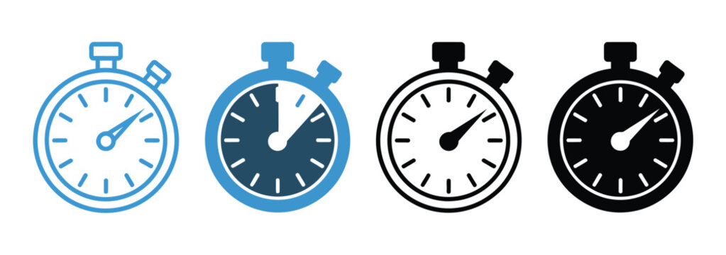 Stopwatch multiple style icon set vector, including analog and digital timer icons, time tracking and measurement symbols, clean vector illustration.
