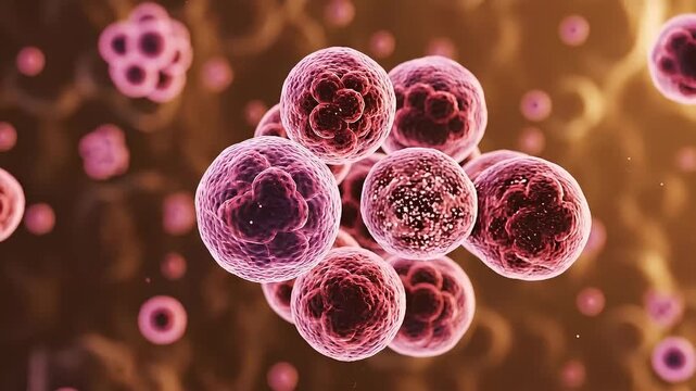 Floating cell cluster in fluid microscopic background 3d animation