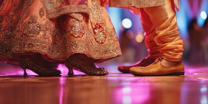Studio lighting featuring indian wedding dance steps, bride's jeweled sandals beneath richly embroidered lehenga hem beside groom's traditional mojari shoes on polished dance floor, vibrant