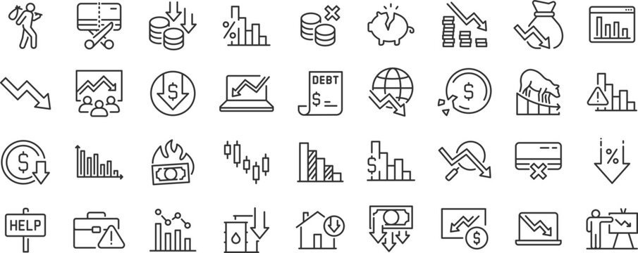 Crisis web icon set. Decrease, recession, collapse, layoff, panic, job fired, pay cuts, low cost, collection. Editable stroke. Vector