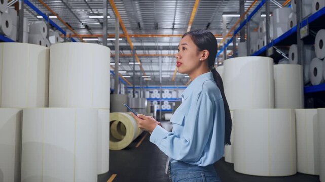 Side View Of Asian Female at Warehouse with Rows of Stacked White Polymer and Paper Rolls, Observes By Looking Up Then She Come To Concentrating On The Phone And Keep On Checking