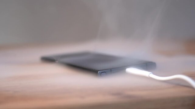 The smartphone starts to overheat and smoke while charging. Unsafe smartphone charging. The smoke is overheating the gadget. High quality FullHD footage