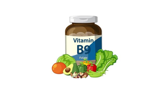 A motion graphic animation of a vitamin b9 folate bottle and various food sources appearing around it, illustrating healthy diet and nutrition.