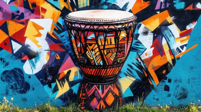 Vibrant drum against abstract graffiti art