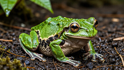 Obraz premium Vibrant green frog with large brown eyes perched on moist dark earth
