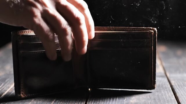 Oil price surge impacts personal finance with hand holding empty leather wallet on wooden table