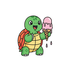 Obraz premium A cheerful cartoon turtle holding a melting ice cream cone with a joyful expression on a clean white background.