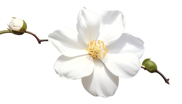 A white flower with yellow center and stamens on a branch