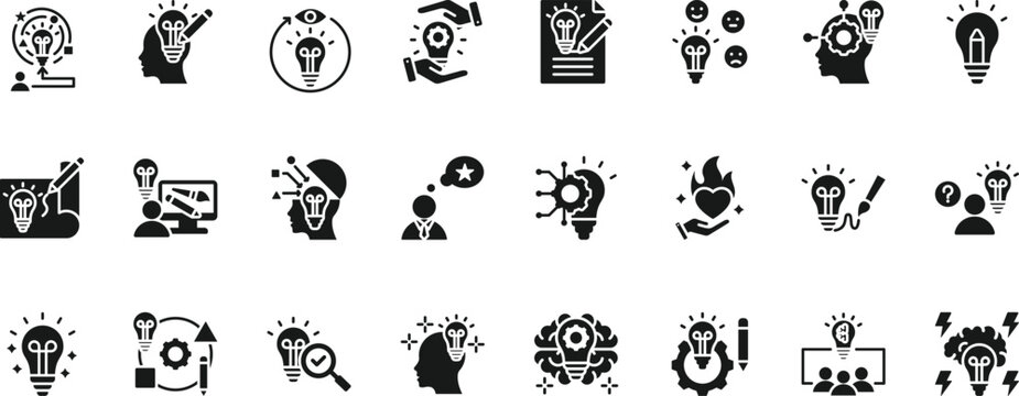 creativity icon set collection. pack contain idea, imagine, inspire, design, create, invent, vision, dream, brainstorm, innovate icon