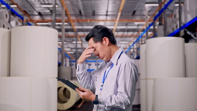 Asian Male Worker Standing With His Tablet at Warehouse with Rows of Stacked White Polymer and Paper Rolls, Checking With Dissapionted And Nodding His Head 