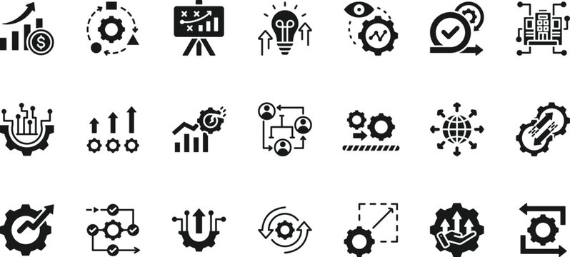business transformation icon set collection. pack contain transformation, innovation, strategy, change, growth, agility, digital, optimization, process, evolution icon