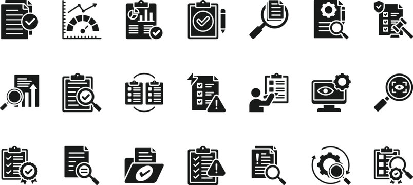 audit icon set collection. pack contain check, verify, review, inspect, assess, report, evaluate, comply, observe, monitor icon