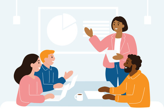 Diverse businesswoman giving a presentation to colleagues during an office meeting