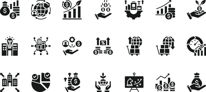 Economic development icon set. Icon pack contains finance, growth, investment, income, wealth, industry, trade, employment, innovation, productivity