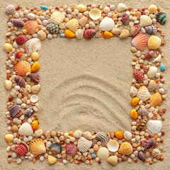 Obraz premium seashells on a beach a close up top down view covering sand