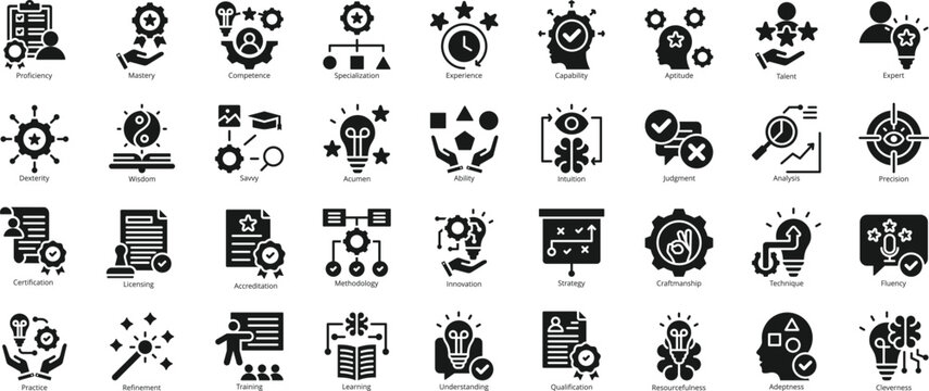 Expertise icon set. Contain knowledge, skill, proficiency, mastery, competence, specialization, experience, capability, aptitude, talent, expert, insight, capacity, competence