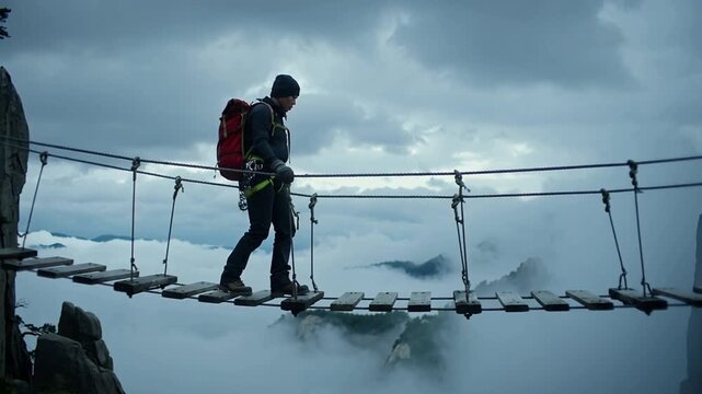 Hiker on a suspension bridge above the clouds
