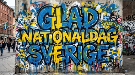 Fototapeta premium A bold graffiti-inspired composition where massive hand-painted lettering “Glad Nationaldag Sverige”