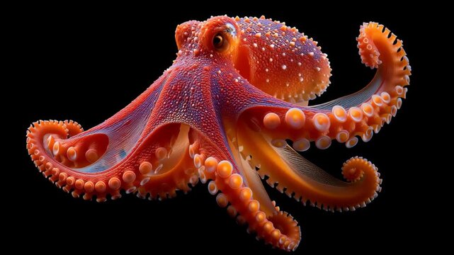 Vibrant orange octopus gracefully extends its tentacles while swimming through dark waters, showcasing intricate textures and colors in a captivating underwater scene