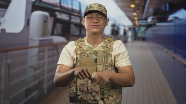Man soldier wearing camouflage cap and tactical vest points both index fingers forward while showing dogtags in a building corridor; pride duty.