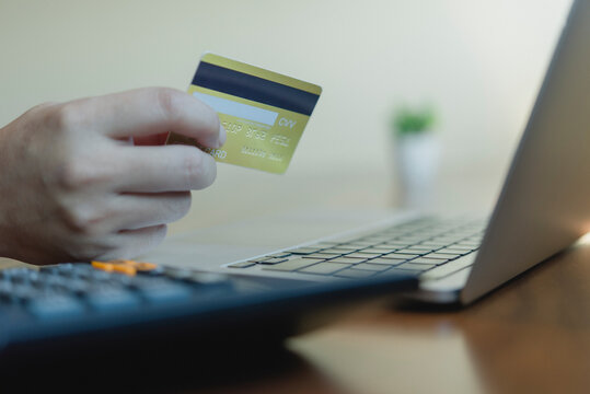 Person hand entering credit card information laptop digital payment solution secure internet banking ecommerce workflow corporate expense calculating financial cost investment.
