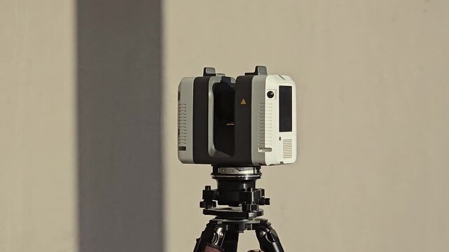 Geodetic 3D scanner performs a close-up scan of the room. High quality 4k footage