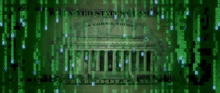 Digital Currency Concept with Five Dollar Bill made up of Animated Code. Futuristic Banking Background.