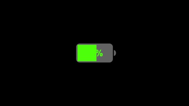 Battery charge icon, Abstract battery icon with 100 to 0% charging down symbol in futuristic polygonal style animation on black background.