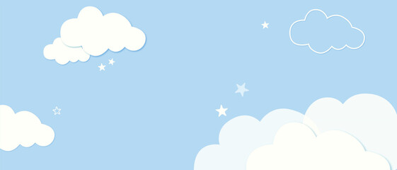 Obraz premium Cloud sky background with stars, horizontal blue banner with clouds for website header, landing page and digital design