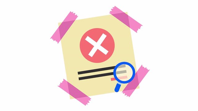 Document with red cross icon and magnifying glass audit concept in the alpha channel. Failed verification or rejection status with a search symbol. Flat design business report with error notification.