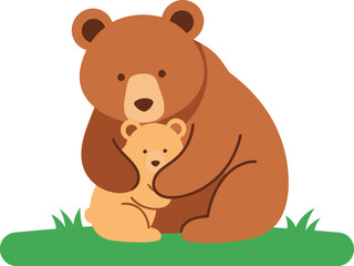 Obraz premium A large brown bear hugging a small yellow bear on green grass