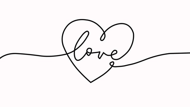 Animated romantic black love and heart shape continuous one line drawing on white background. Continuous one line drawing of Heart symbol, love icon, hand drawn, minimalist design