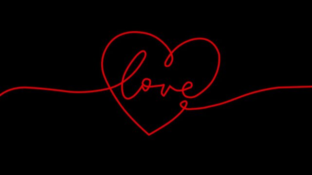 Animated romantic red love and heart shape continuous one line drawing on black background. Continuous one line drawing of Heart symbol, love icon, hand drawn, minimalist design