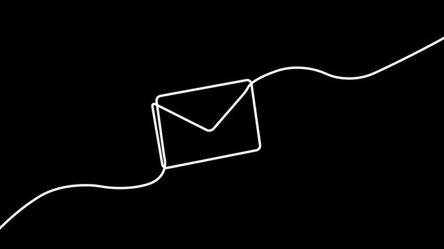 Animated self drawing of Continuous one line mail envelope letter drowning on black background. Continuous mail art line one icon email letter vector paper message. Newsletter paper send icon