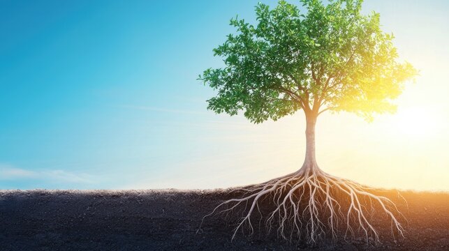 Tree with its roots exposed, symbolizing the deep foundation of an innovative idea taking root.