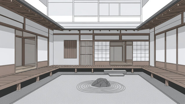 A serene Japanese style room with a large square tatami mat and a stone in the center of concentric circles.