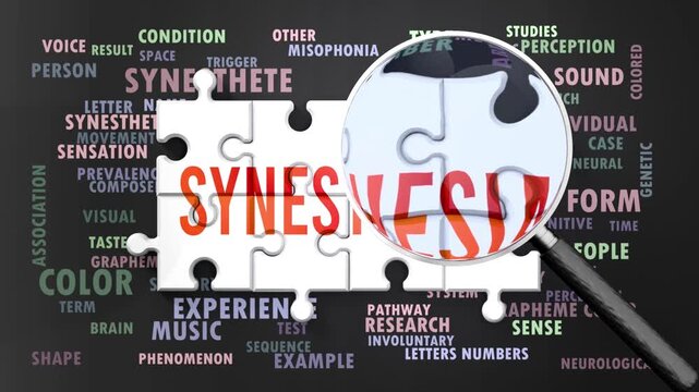 Synesthesia under magnifying glass, being researched, studied and examined. Most important subjects and ideas closely related to synesthesia written around a puzzle.Can be looped.