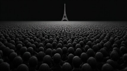 Obraz premium massive crowd people watching eiffel tower paris night glowing lights travel tourism landmark atmosphere