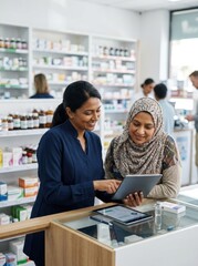Fototapeta premium A smiling professional pharmacist helping a female customer in a pharmacy, using a digital tablet to discuss medication or health information at the counter.