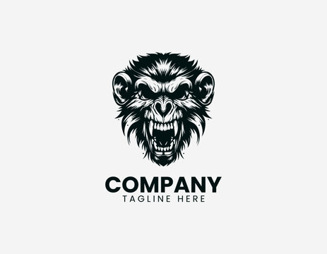 A fierce roaring monkey head is depicted with sharp teeth and intense expression in a bold black and white vector style.