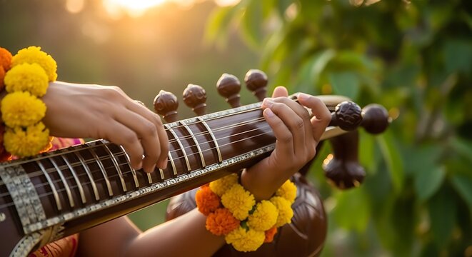 Person playing traditional Indian stringed instrument.