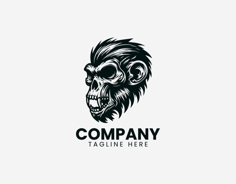 A fierce roaring monkey head is depicted with sharp teeth and intense expression in a bold black and white vector style.