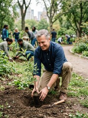 Fototapeta premium Smiling middle aged man planting a young tree sapling in a park during a community gardening volunteering event on a sunny day.