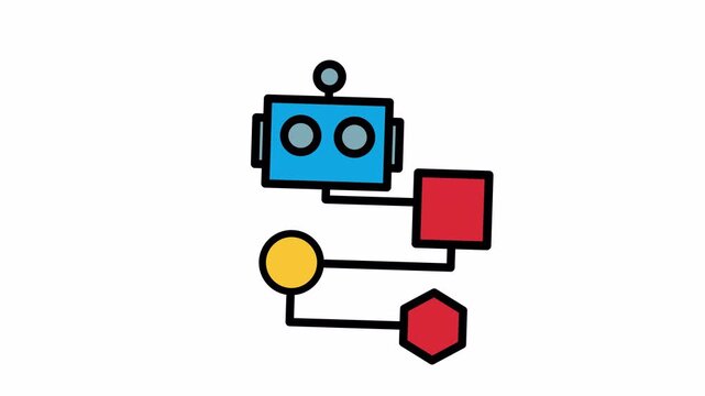 Stylized blue robot head connected to various geometric shapes in a conceptual diagram illustrating a system or process flow.