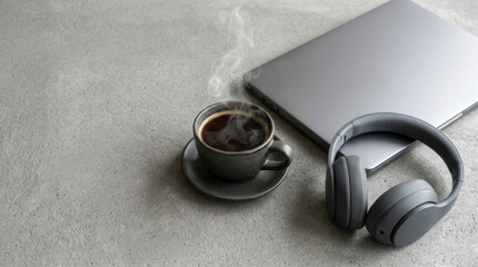 Fototapeta premium Top-down close-up of a coffee cup and tech accessories on a neutral background, symbolizing the start of a remote work day with copy space.
