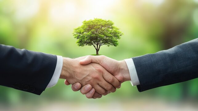 A tree in the background of a professional negotiation, as two people shake hands in agreement.